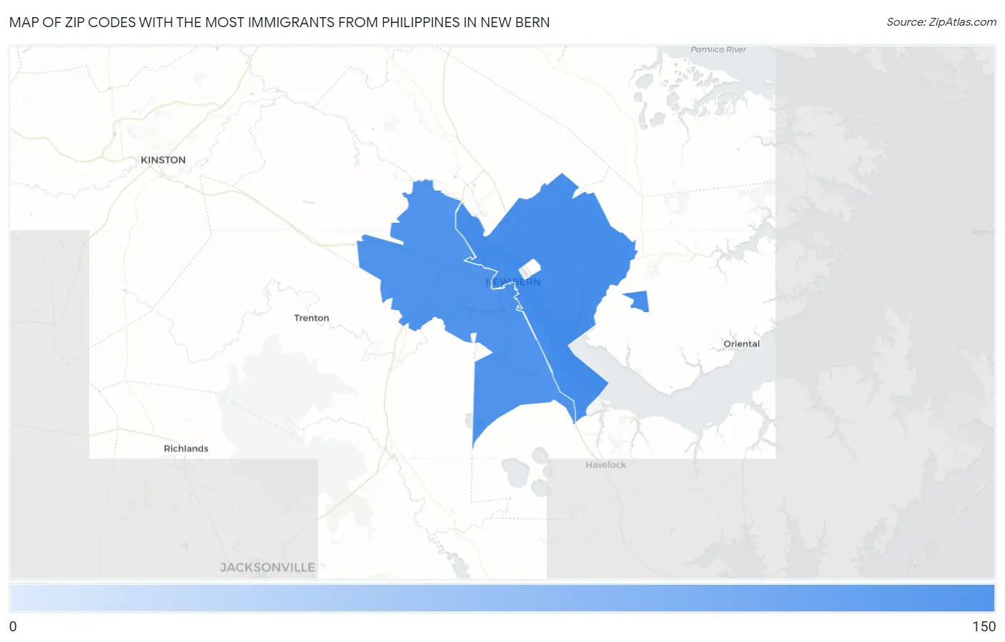 Zip Codes with the Most Immigrants from Philippines in New Bern Map