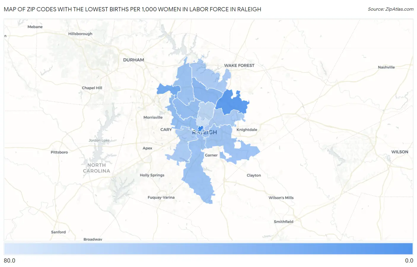 Zip Codes with the Lowest Births per 1,000 Women in Labor Force in Raleigh Map