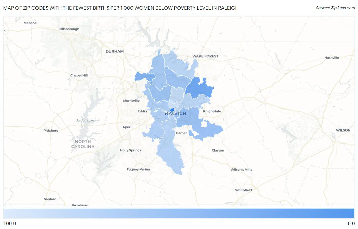Zip Codes with the Fewest Births per 1,000 Women Below Poverty Level in Raleigh Map