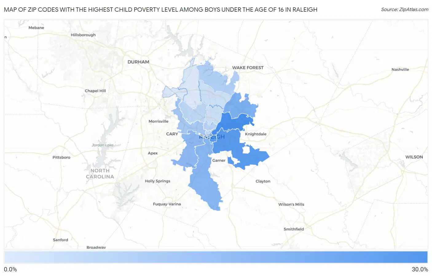 Zip Codes with the Highest Child Poverty Level Among Boys Under the Age of 16 in Raleigh Map