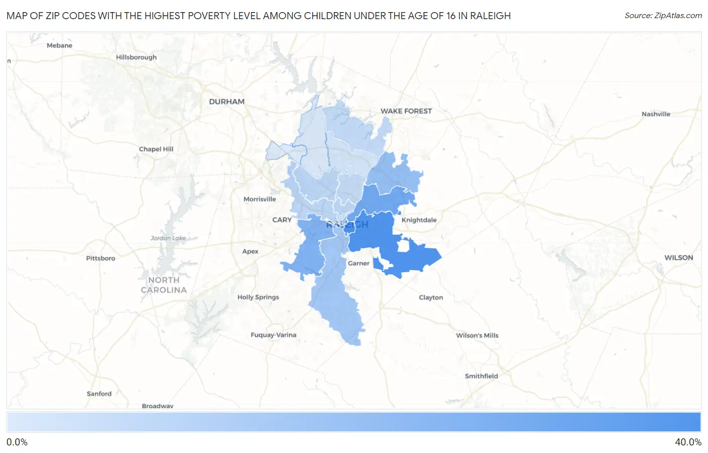 Zip Codes with the Highest Poverty Level Among Children Under the Age of 16 in Raleigh Map