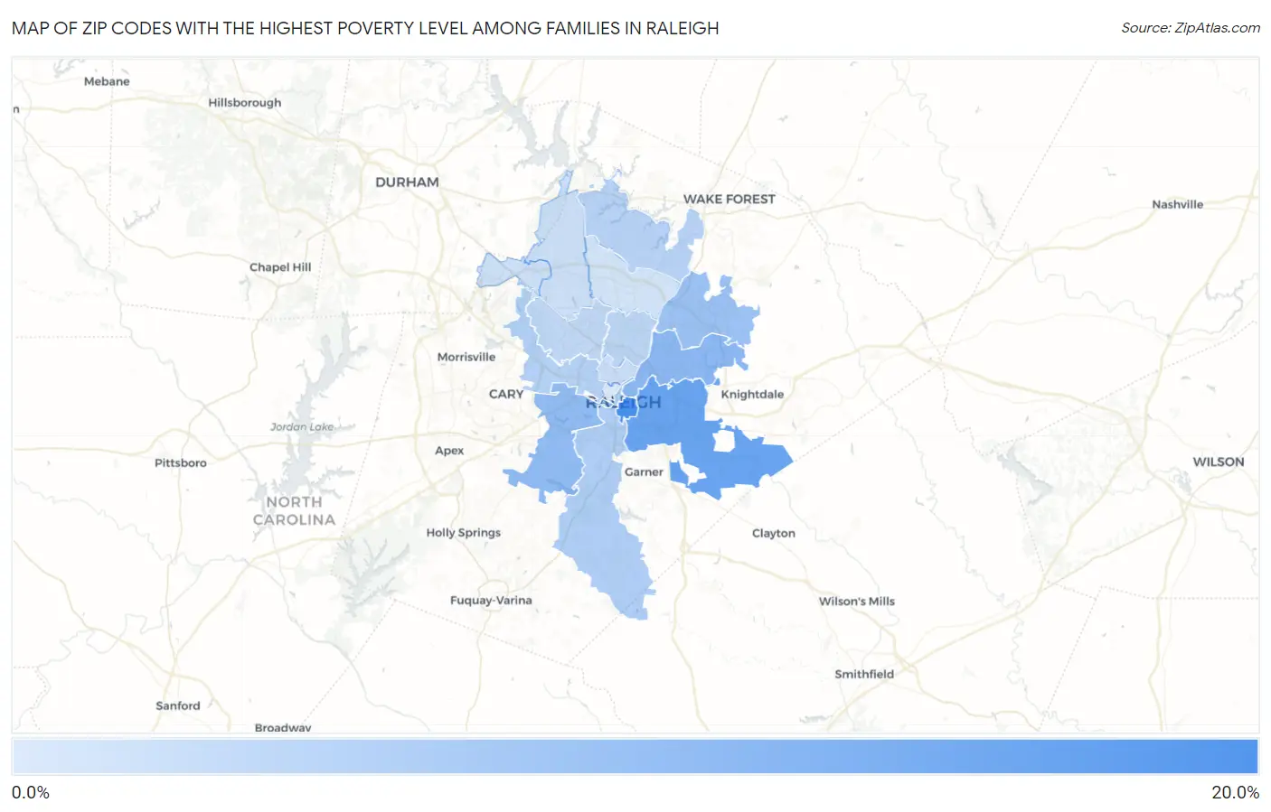 Zip Codes with the Highest Poverty Level Among Families in Raleigh Map
