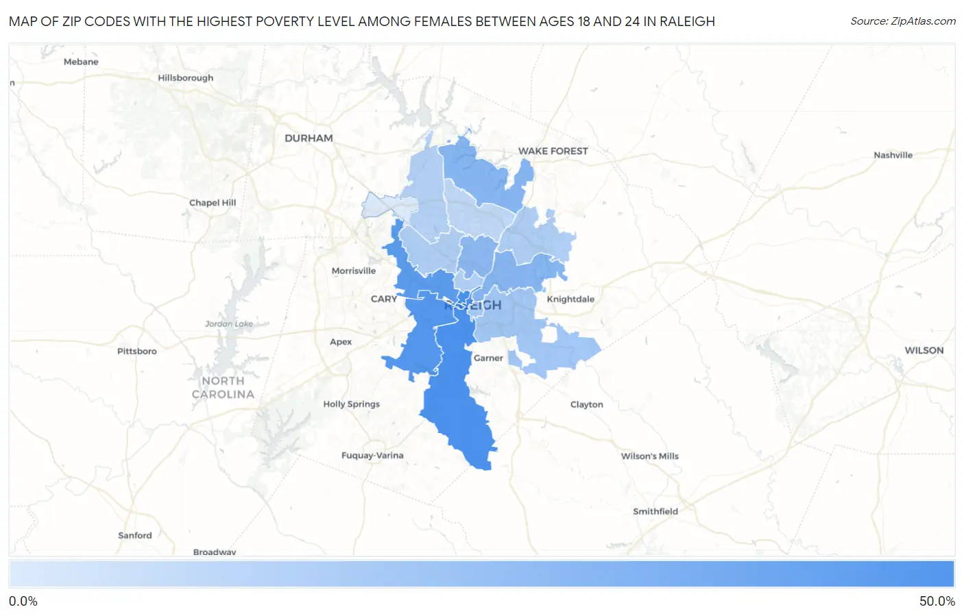 Zip Codes with the Highest Poverty Level Among Females Between Ages 18 and 24 in Raleigh Map