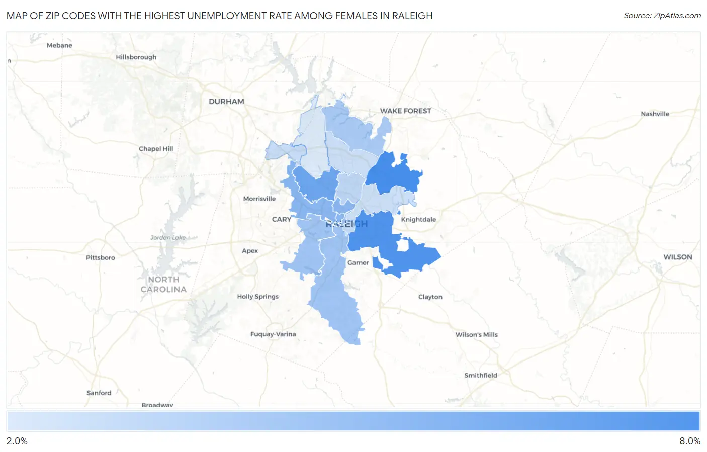 Zip Codes with the Highest Unemployment Rate Among Females in Raleigh Map
