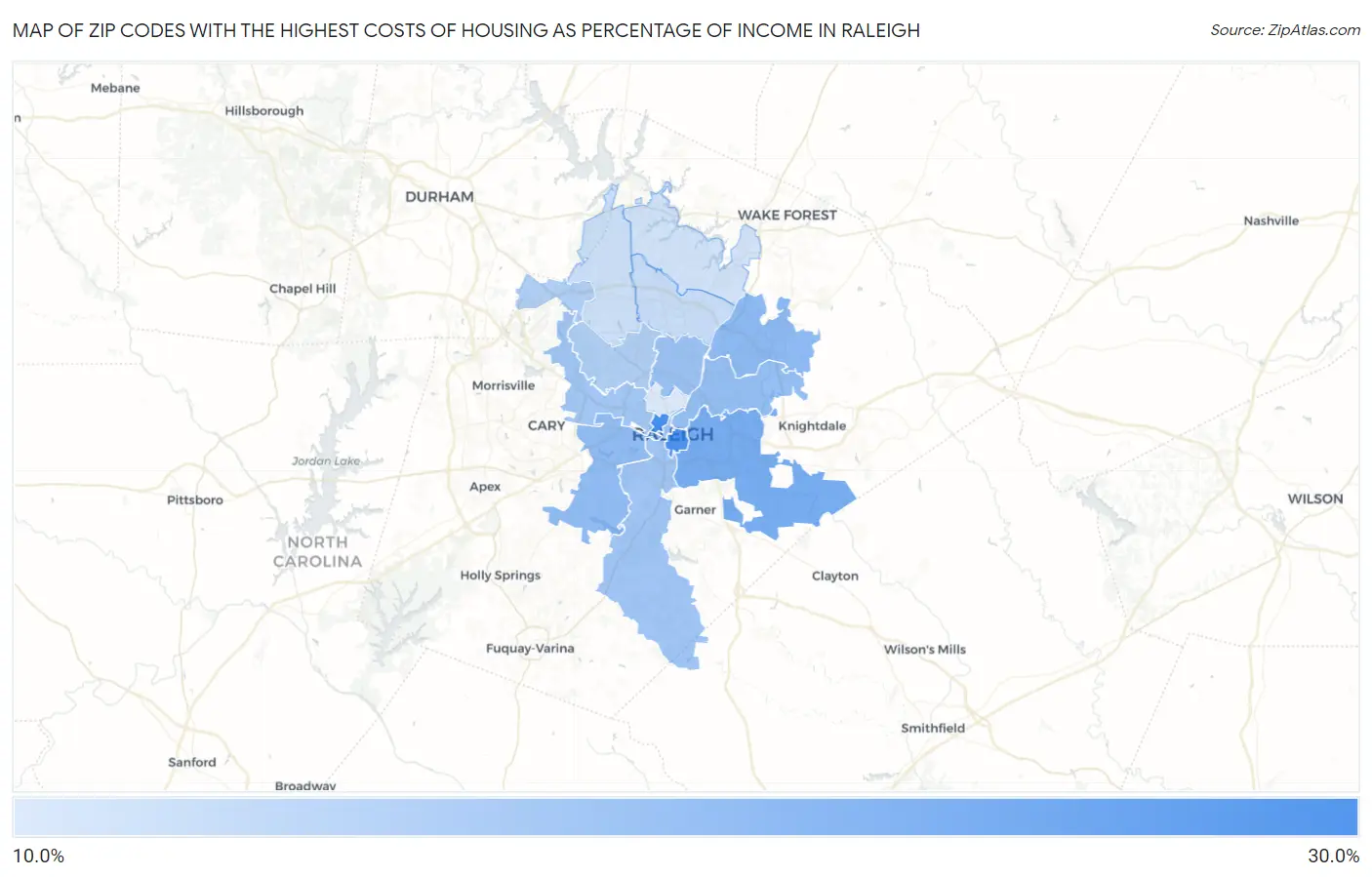 Zip Codes with the Highest Costs of Housing as Percentage of Income in Raleigh Map