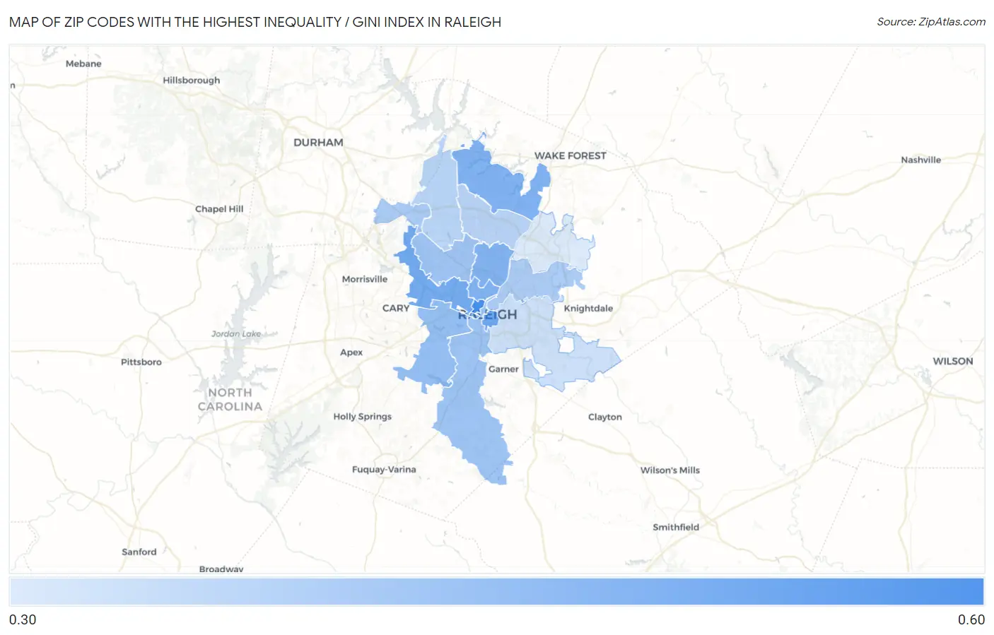 Zip Codes with the Highest Inequality / Gini Index in Raleigh Map