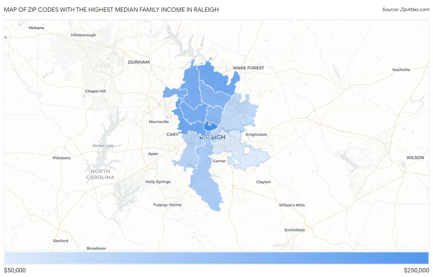 Zip Codes with the Highest Median Family Income in Raleigh Map