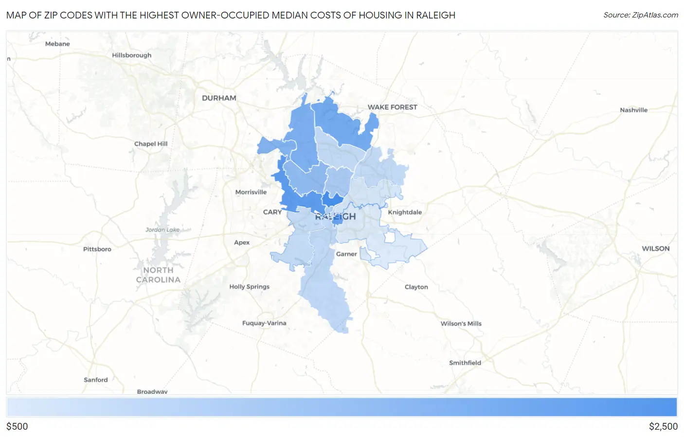 Zip Codes with the Highest Owner-Occupied Median Costs of Housing in Raleigh Map