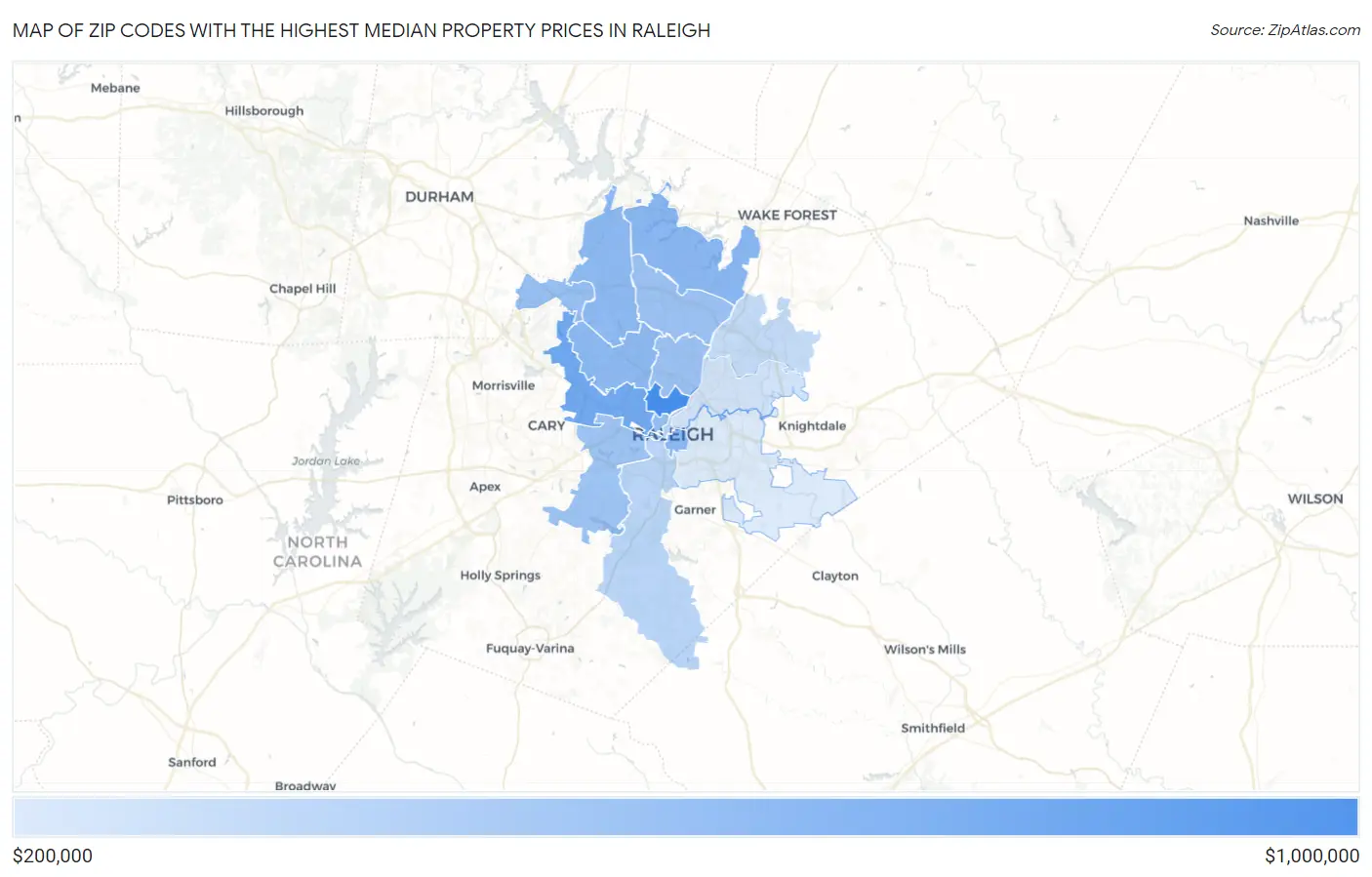 Zip Codes with the Highest Median Property Prices in Raleigh Map