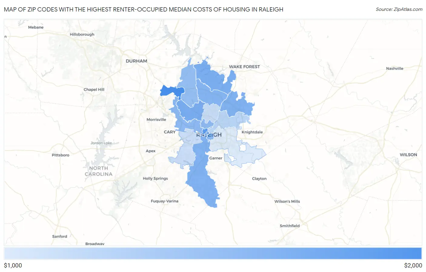 Zip Codes with the Highest Renter-Occupied Median Costs of Housing in Raleigh Map