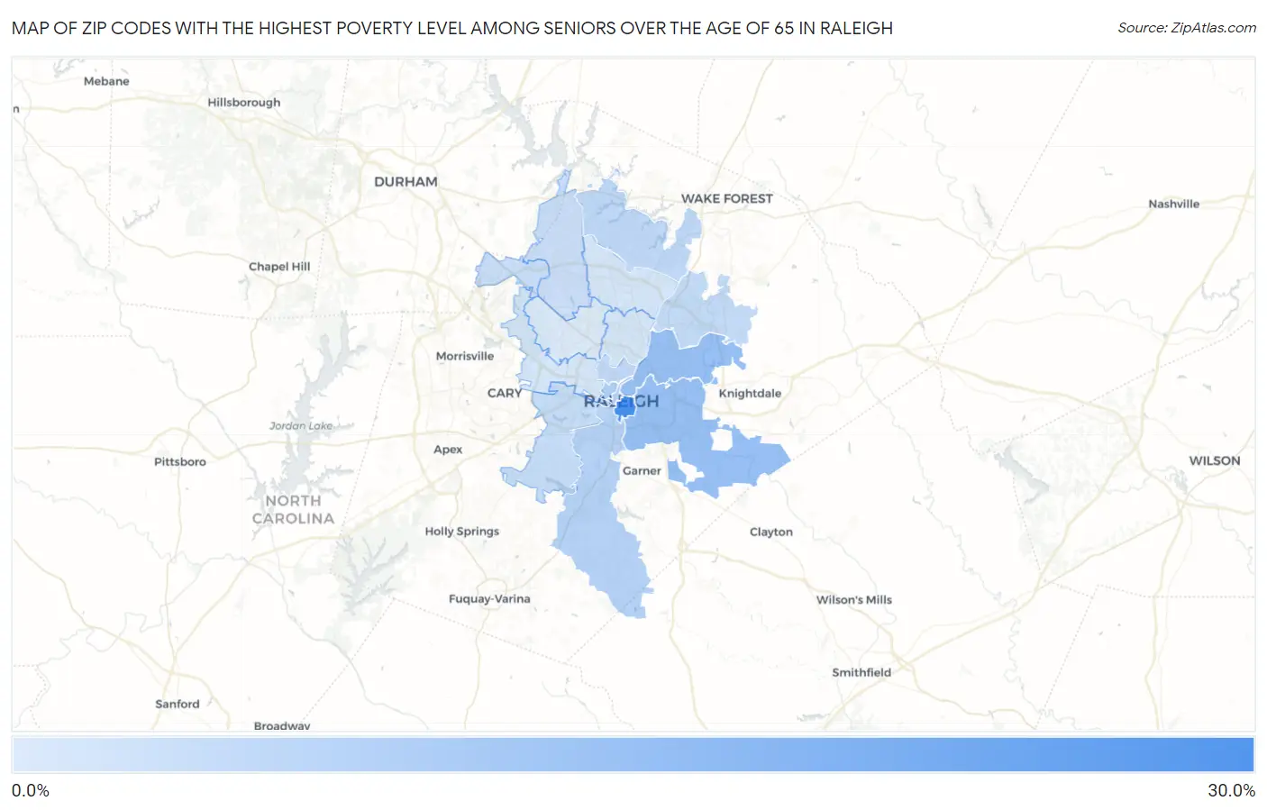 Zip Codes with the Highest Poverty Level Among Seniors Over the Age of 65 in Raleigh Map