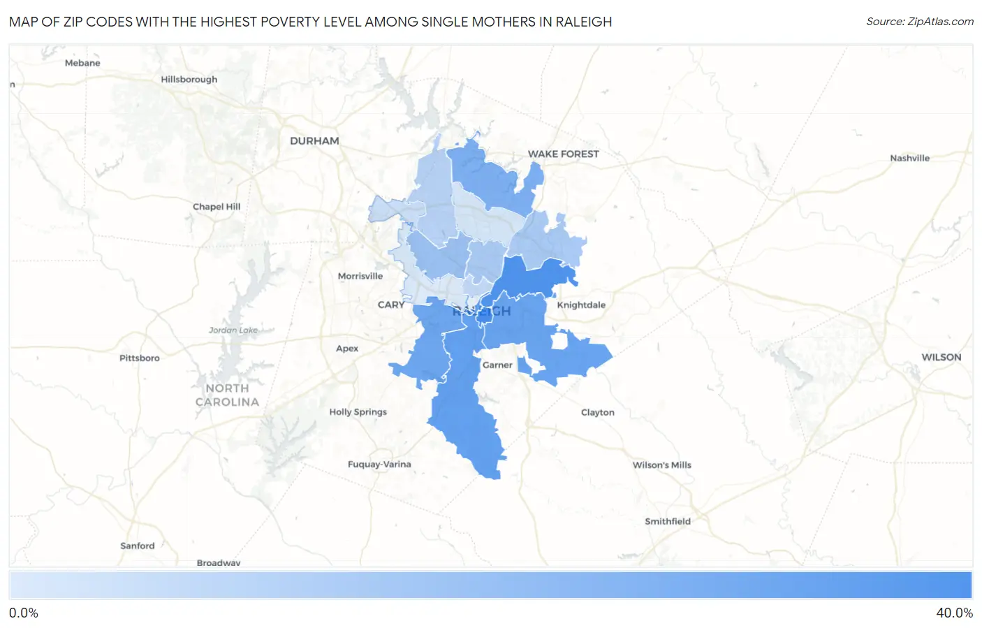 Zip Codes with the Highest Poverty Level Among Single Mothers in Raleigh Map