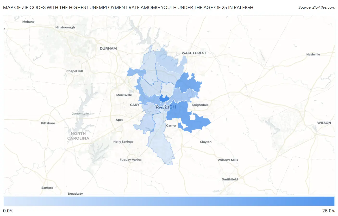 Zip Codes with the Highest Unemployment Rate Amomg Youth Under the Age of 25 in Raleigh Map