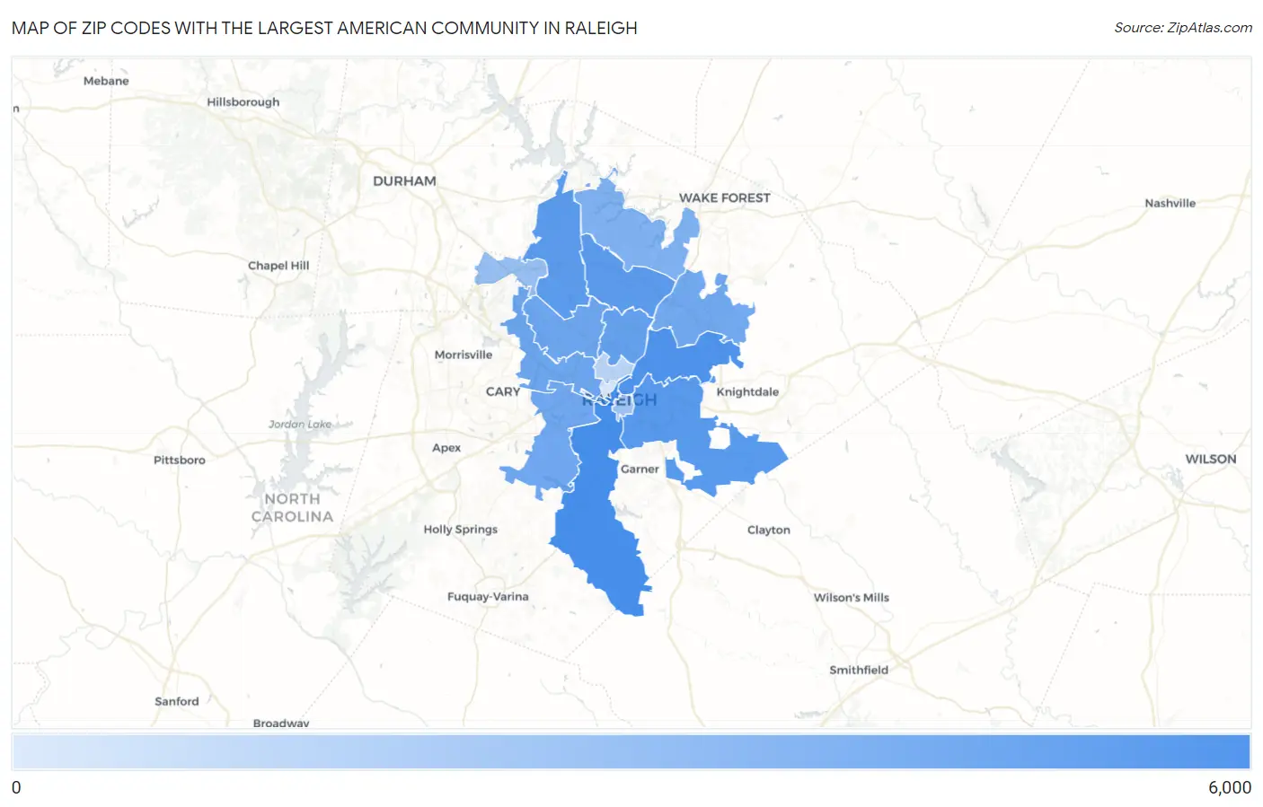 Zip Codes with the Largest American Community in Raleigh Map