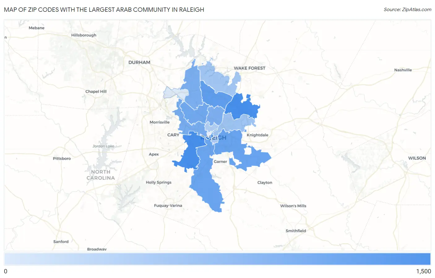 Zip Codes with the Largest Arab Community in Raleigh Map