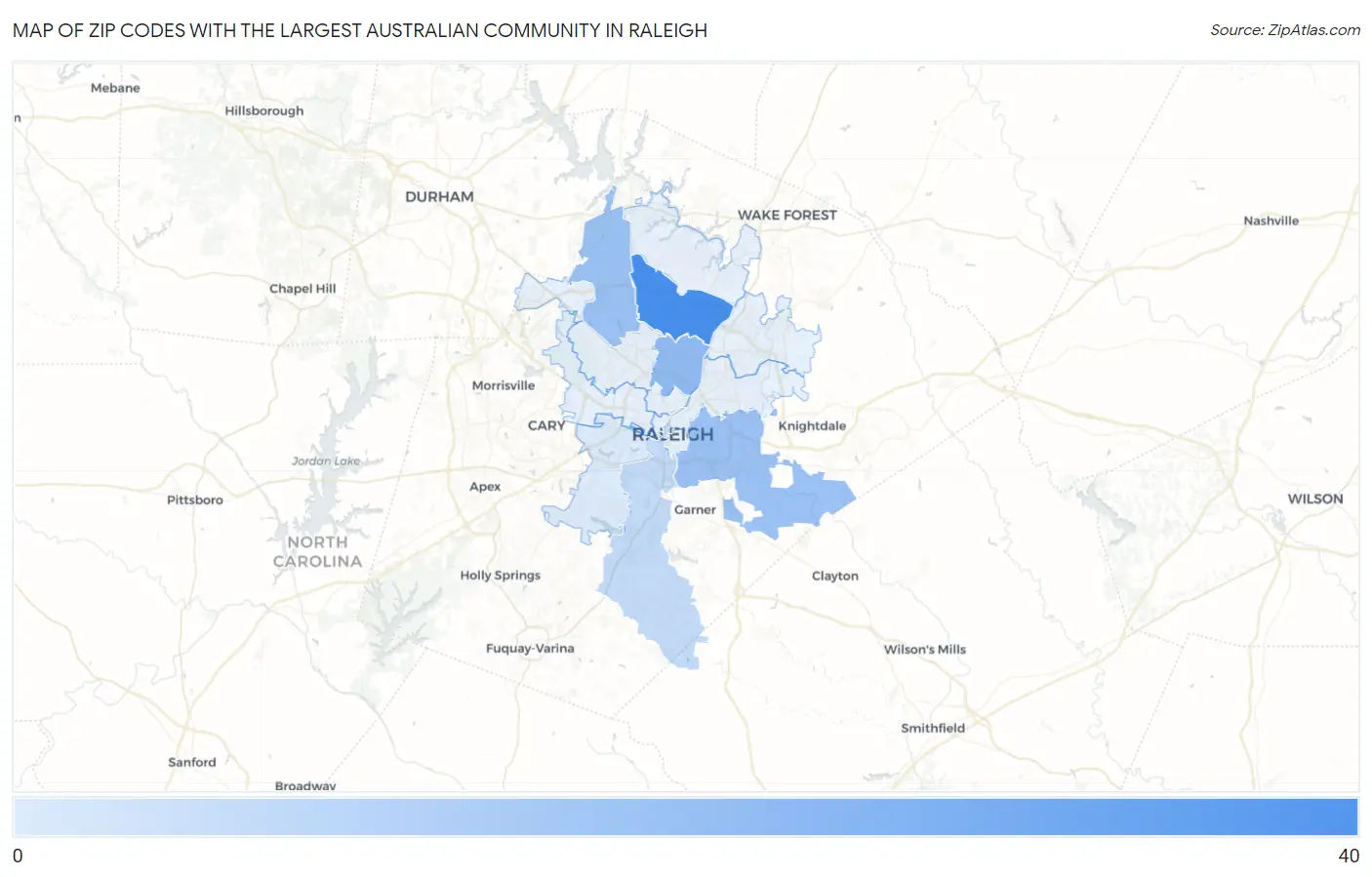 Zip Codes with the Largest Australian Community in Raleigh Map
