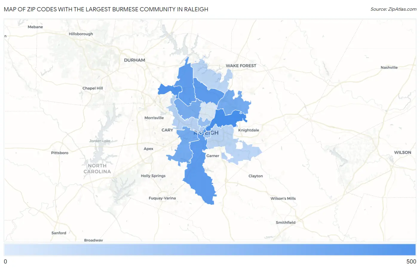 Zip Codes with the Largest Burmese Community in Raleigh Map