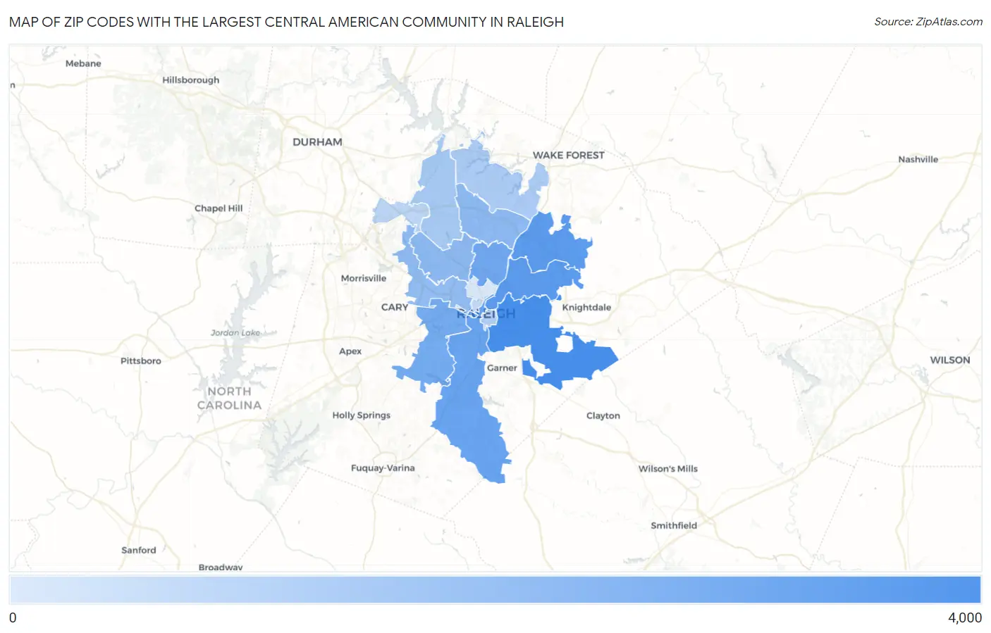 Zip Codes with the Largest Central American Community in Raleigh Map