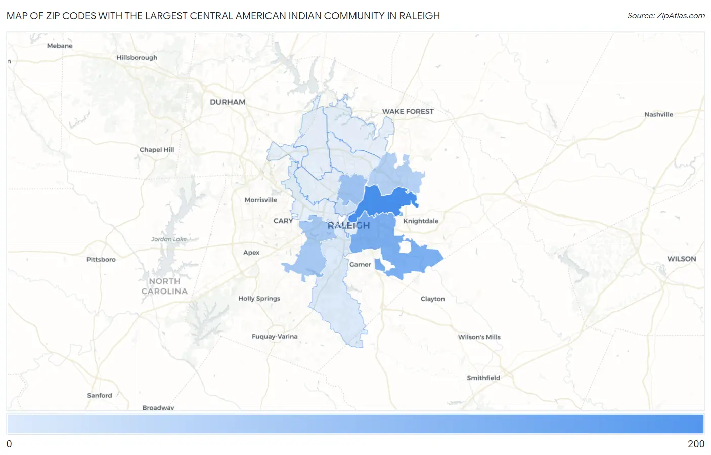 Zip Codes with the Largest Central American Indian Community in Raleigh Map