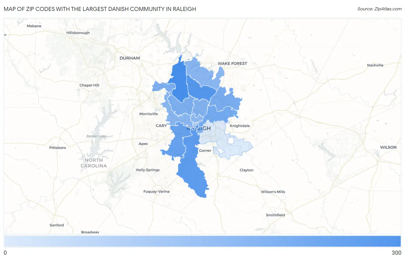 Zip Codes with the Largest Danish Community in Raleigh Map