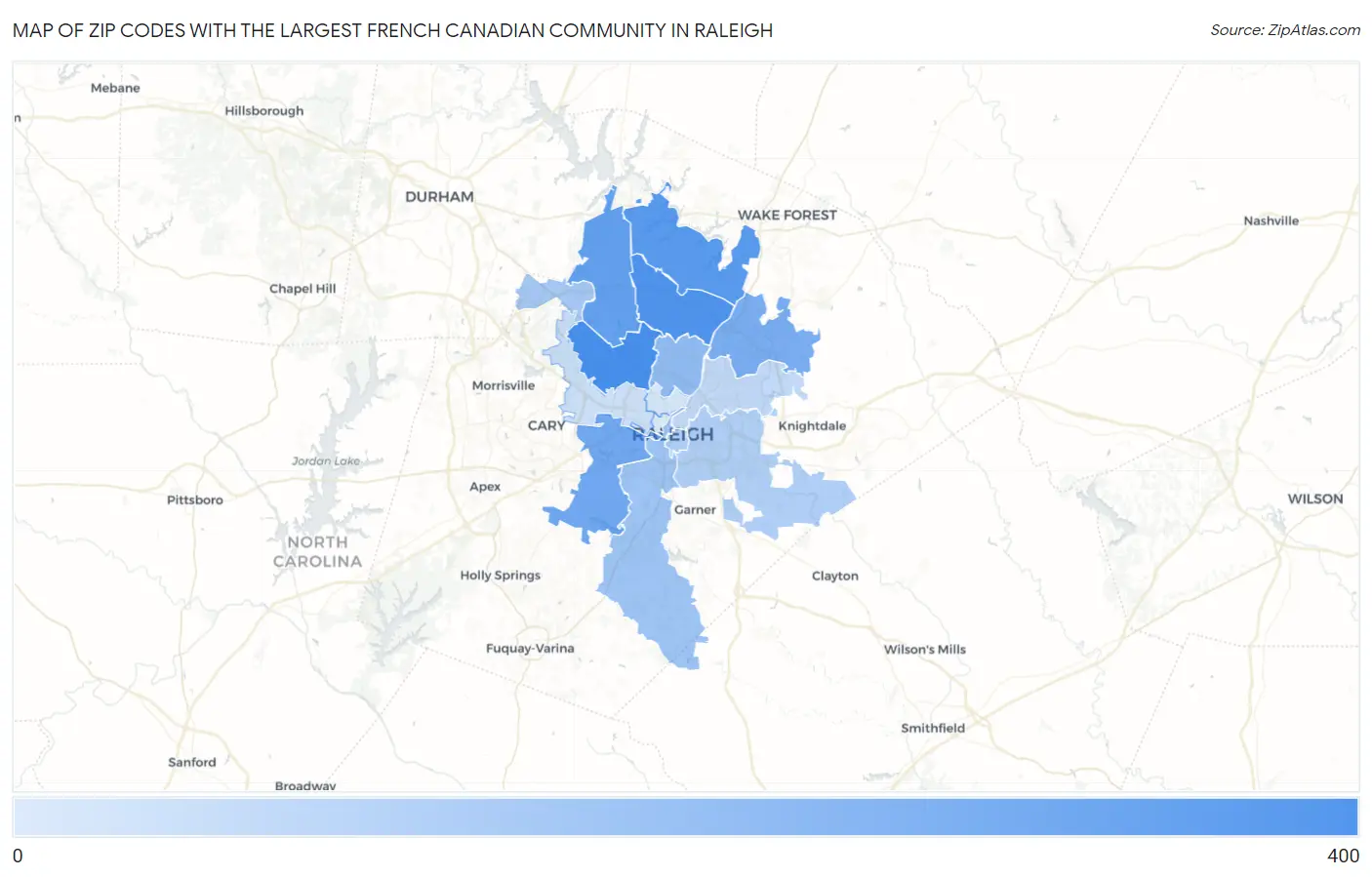 Zip Codes with the Largest French Canadian Community in Raleigh Map