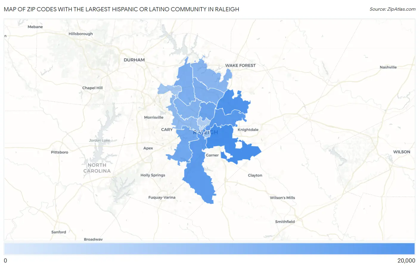 Zip Codes with the Largest Hispanic or Latino Community in Raleigh Map