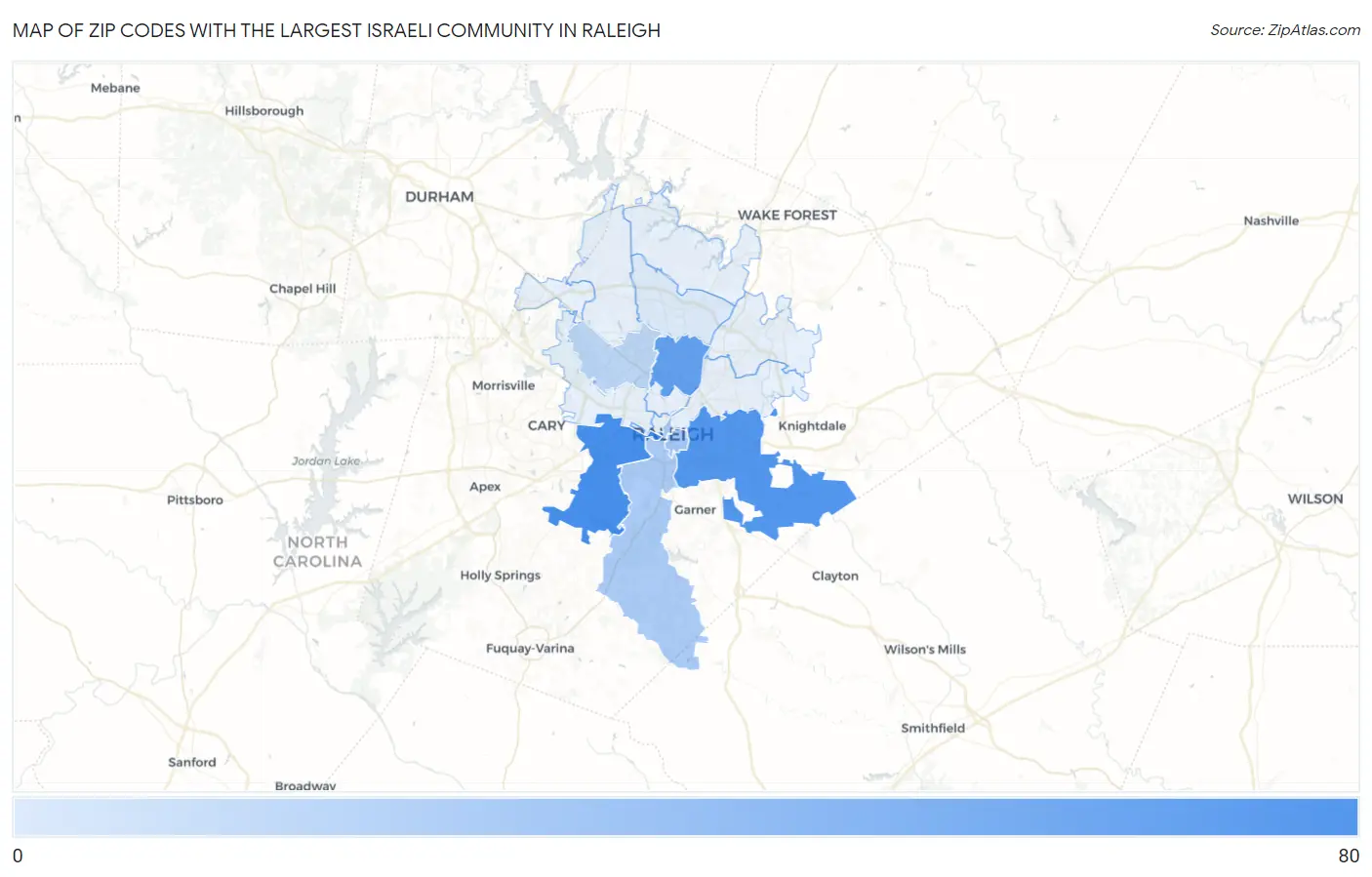 Zip Codes with the Largest Israeli Community in Raleigh Map