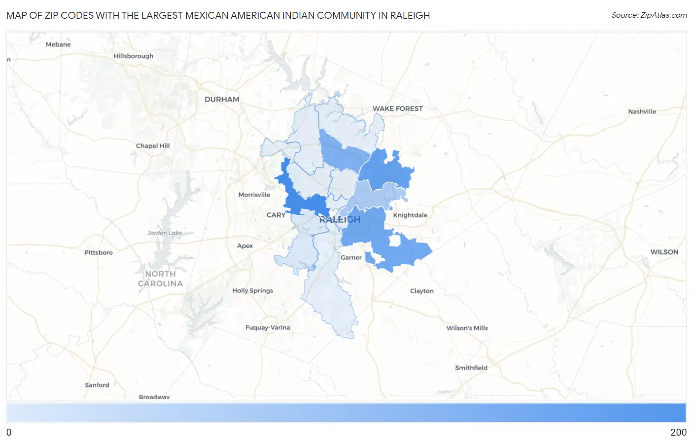 Zip Codes with the Largest Mexican American Indian Community in Raleigh Map