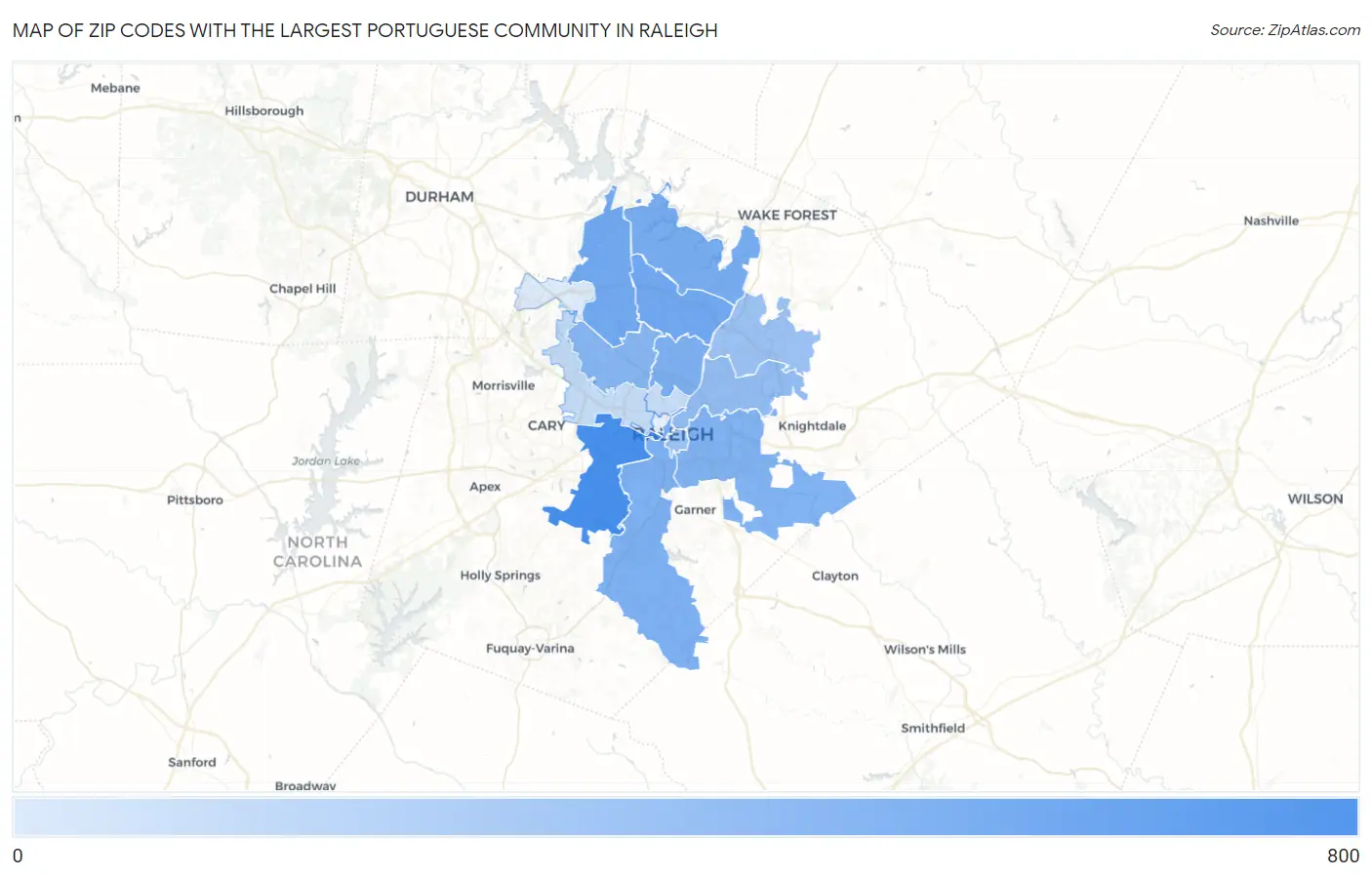 Zip Codes with the Largest Portuguese Community in Raleigh Map