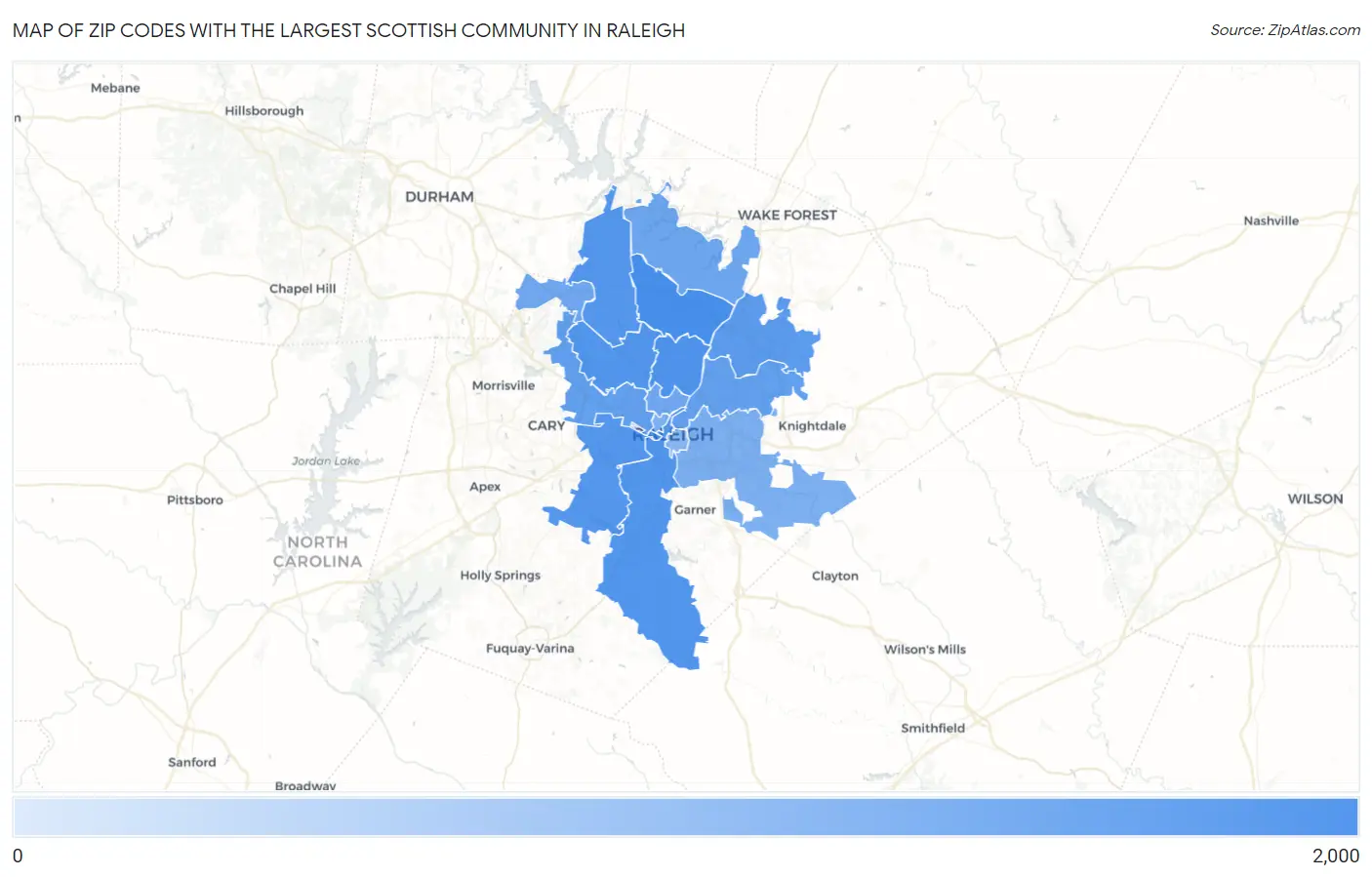 Zip Codes with the Largest Scottish Community in Raleigh Map