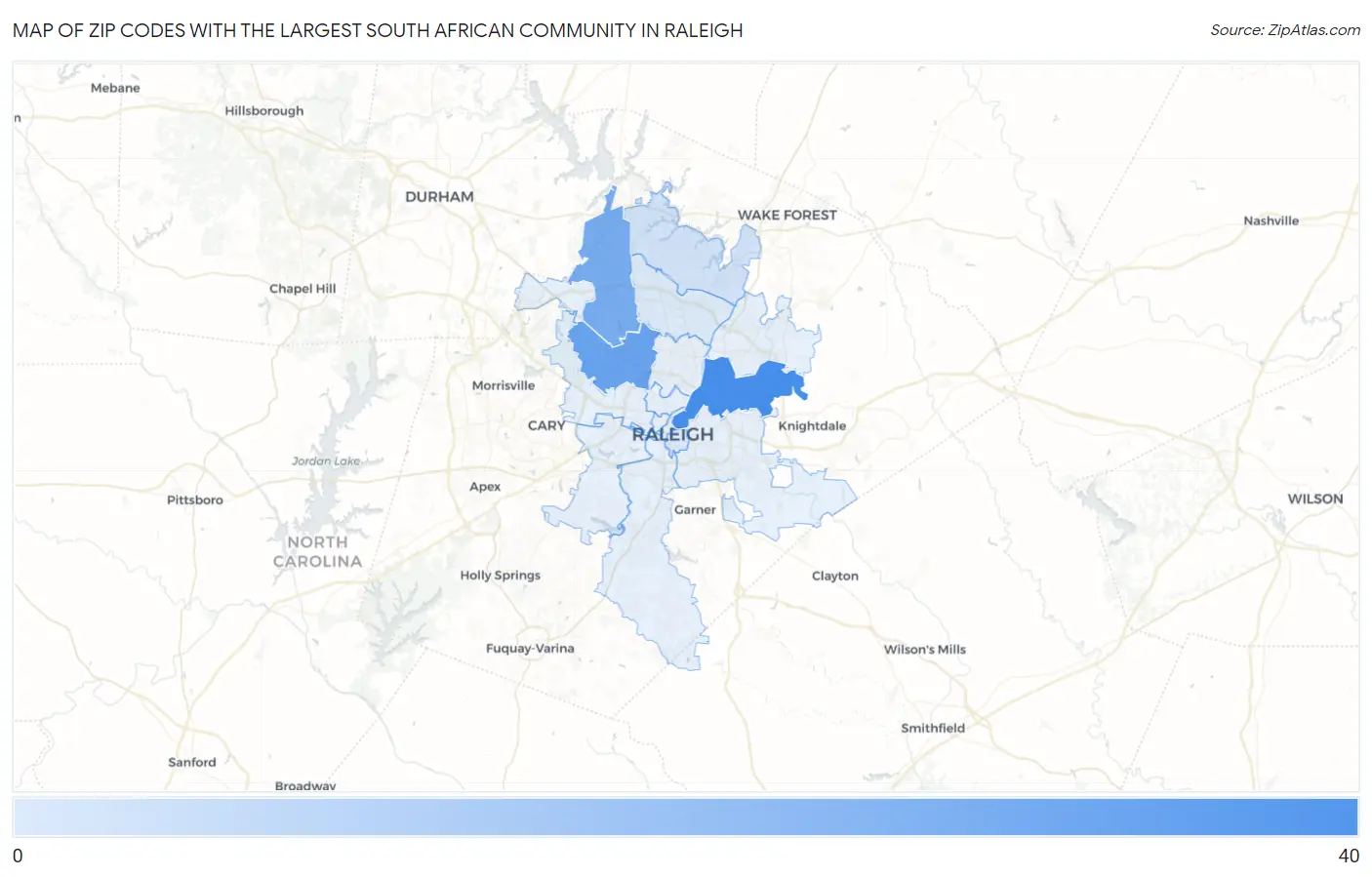 Zip Codes with the Largest South African Community in Raleigh Map