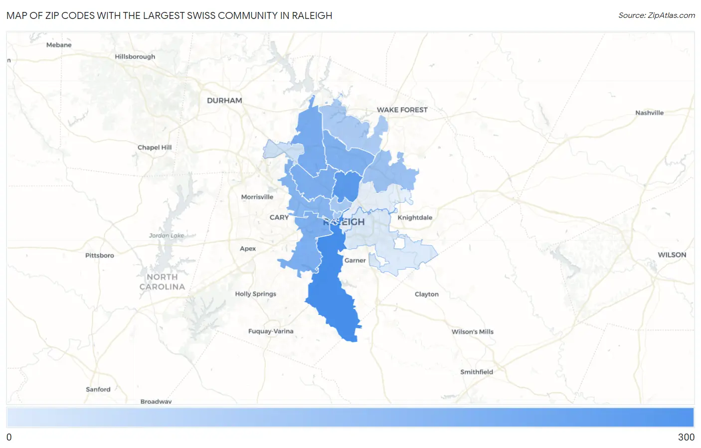 Zip Codes with the Largest Swiss Community in Raleigh Map