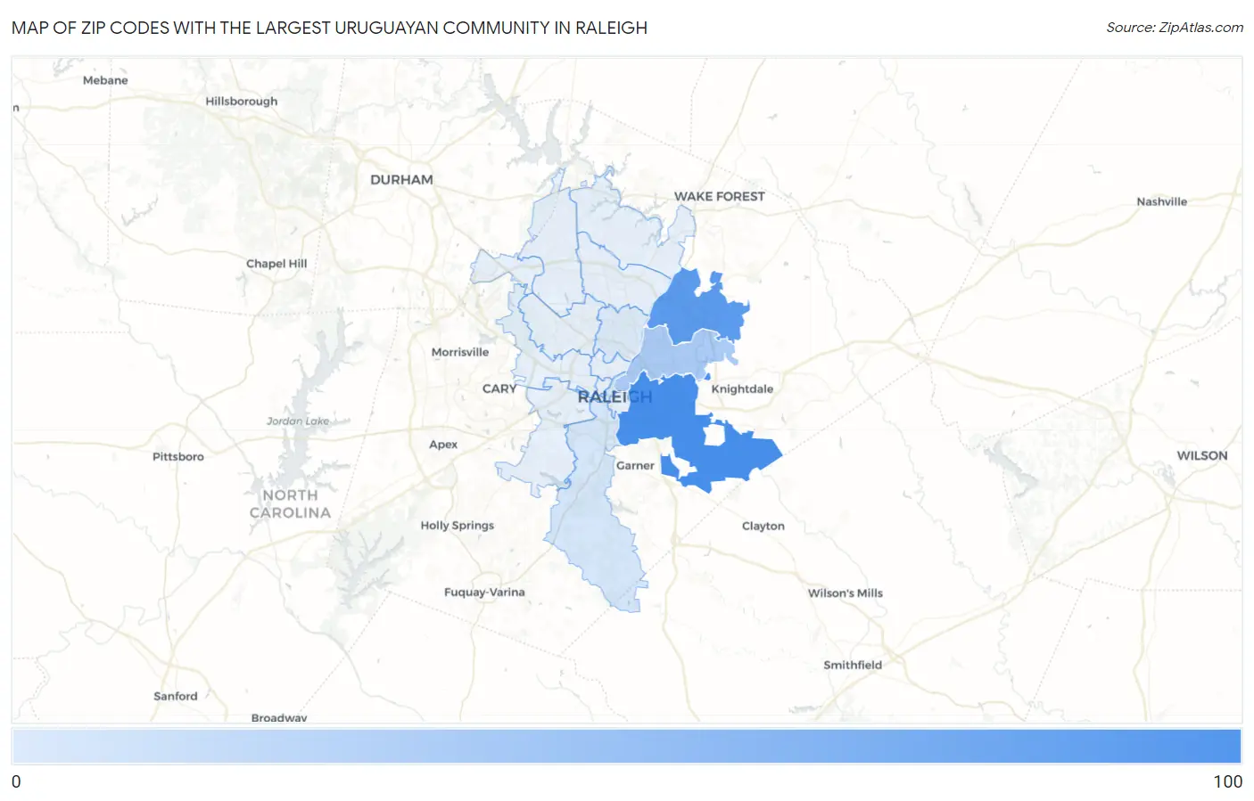 Zip Codes with the Largest Uruguayan Community in Raleigh Map