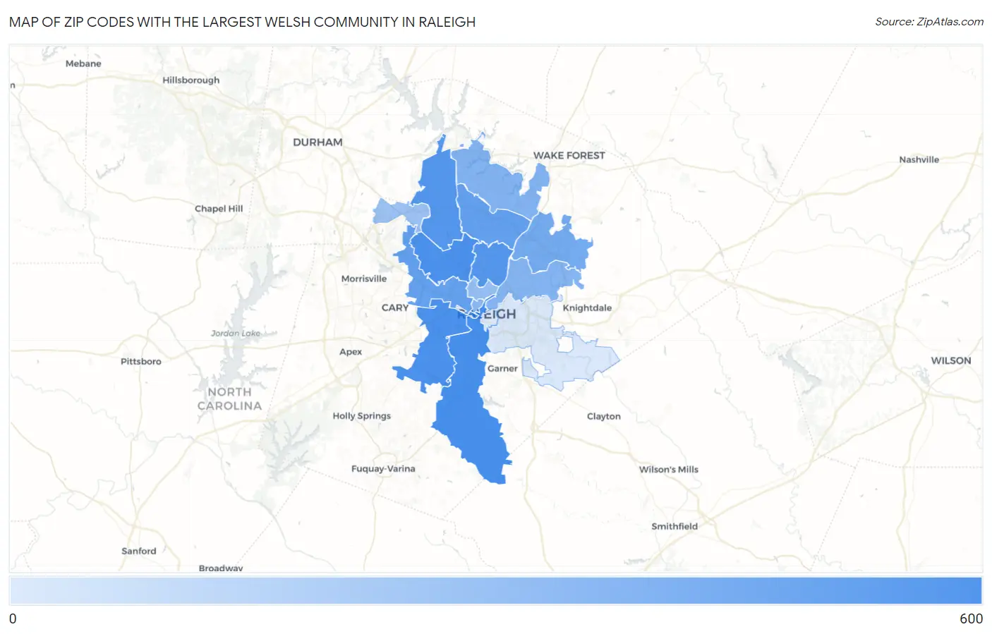 Zip Codes with the Largest Welsh Community in Raleigh Map