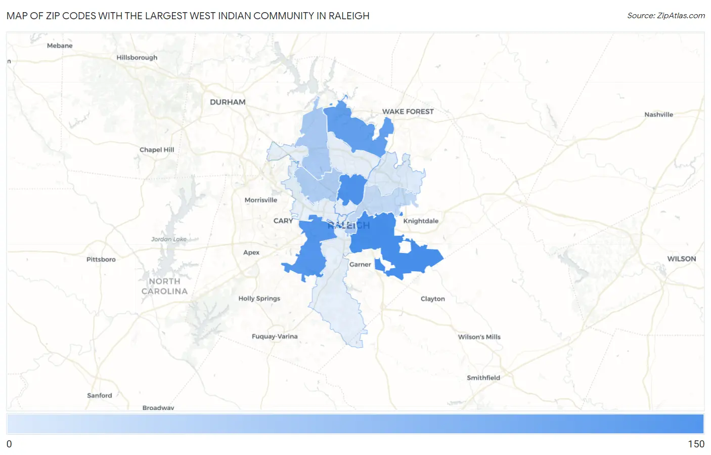 Zip Codes with the Largest West Indian Community in Raleigh Map