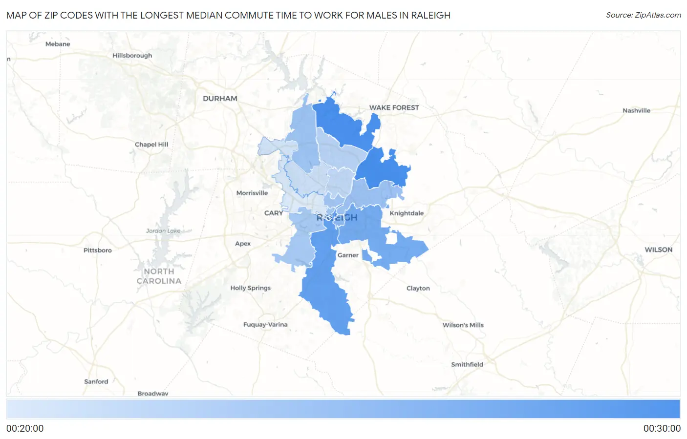 Zip Codes with the Longest Median Commute Time to Work for Males in Raleigh Map