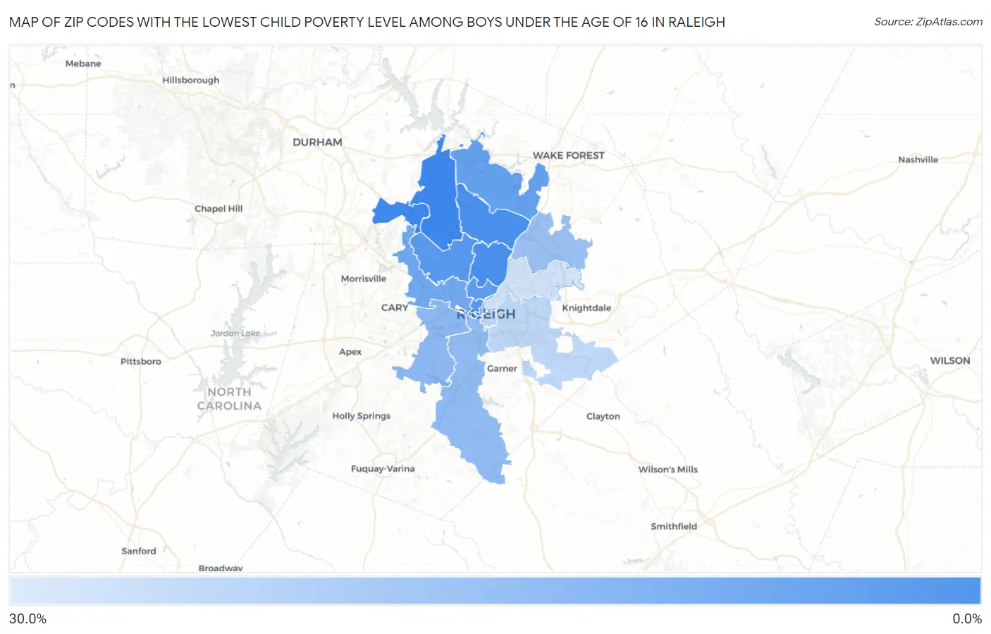 Zip Codes with the Lowest Child Poverty Level Among Boys Under the Age of 16 in Raleigh Map