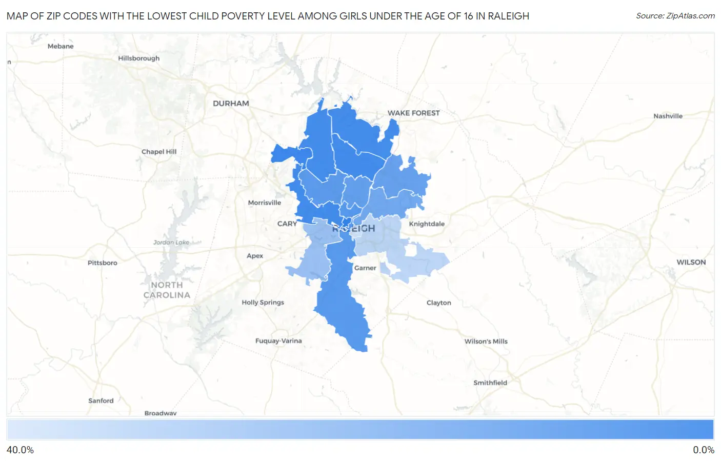 Zip Codes with the Lowest Child Poverty Level Among Girls Under the Age of 16 in Raleigh Map