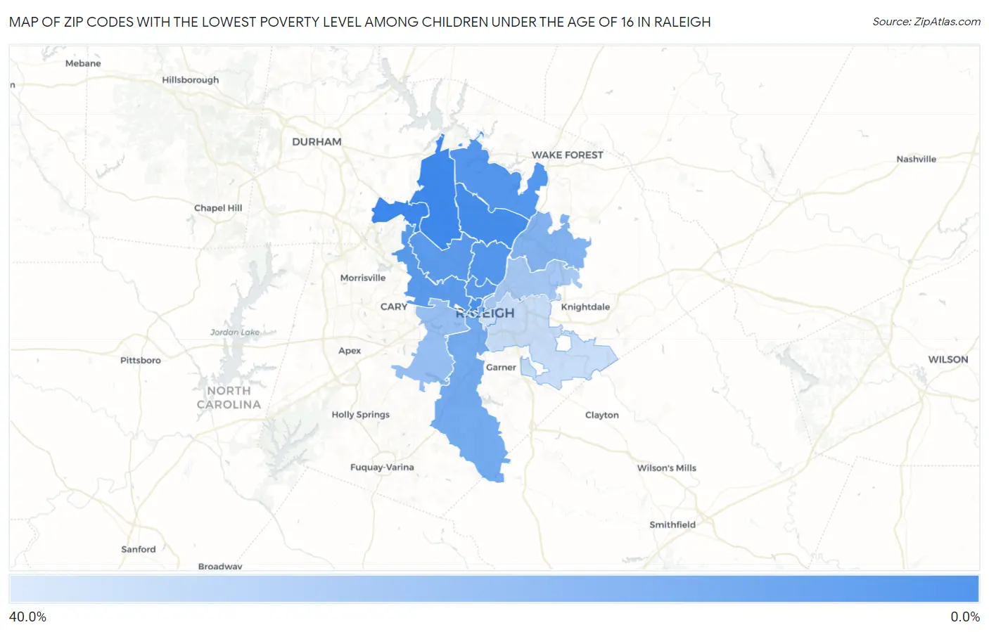 Zip Codes with the Lowest Poverty Level Among Children Under the Age of 16 in Raleigh Map
