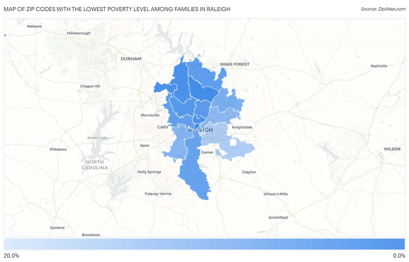 Zip Codes with the Lowest Poverty Level Among Families in Raleigh Map