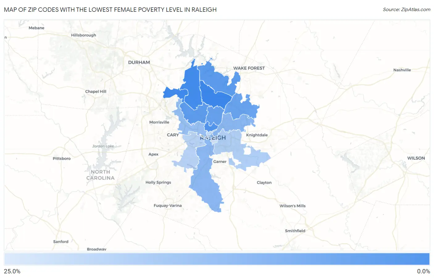Zip Codes with the Lowest Female Poverty Level in Raleigh Map