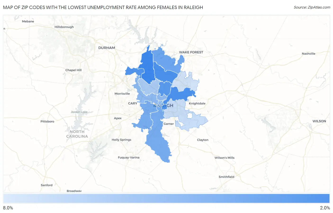 Zip Codes with the Lowest Unemployment Rate Among Females in Raleigh Map