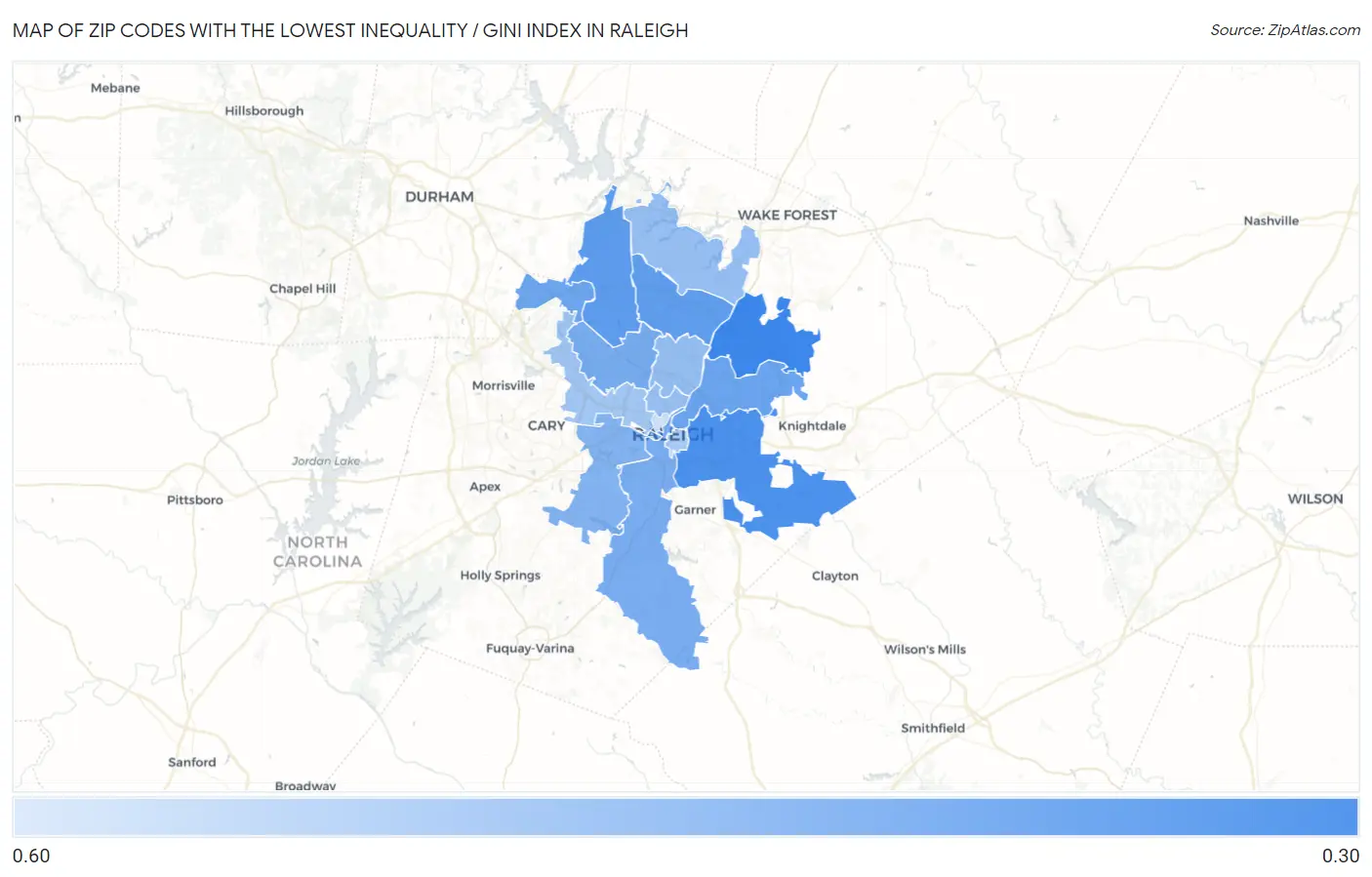 Zip Codes with the Lowest Inequality / Gini Index in Raleigh Map