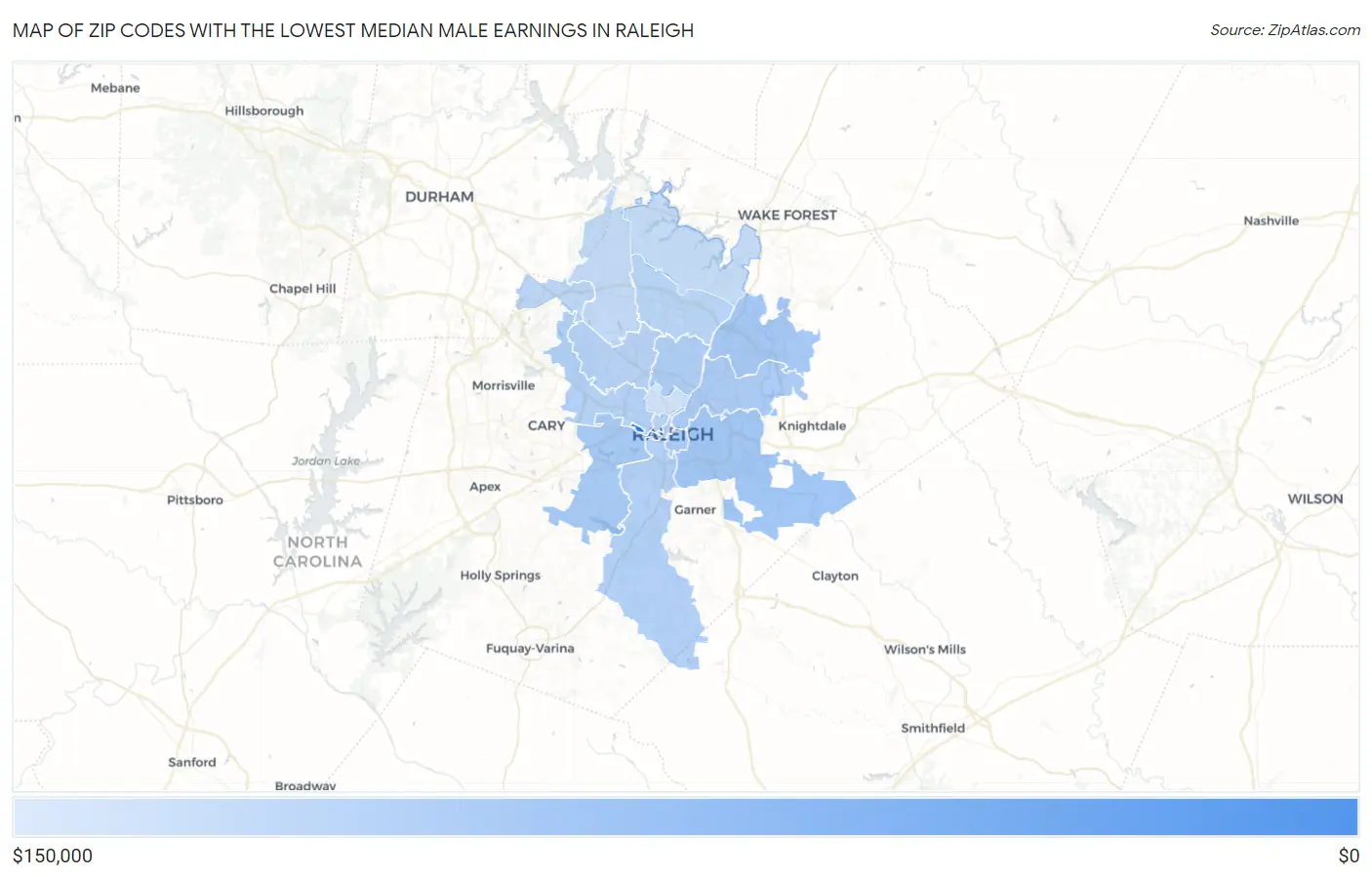 Zip Codes with the Lowest Median Male Earnings in Raleigh Map