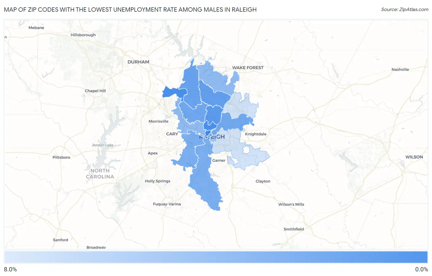 Zip Codes with the Lowest Unemployment Rate Among Males in Raleigh Map