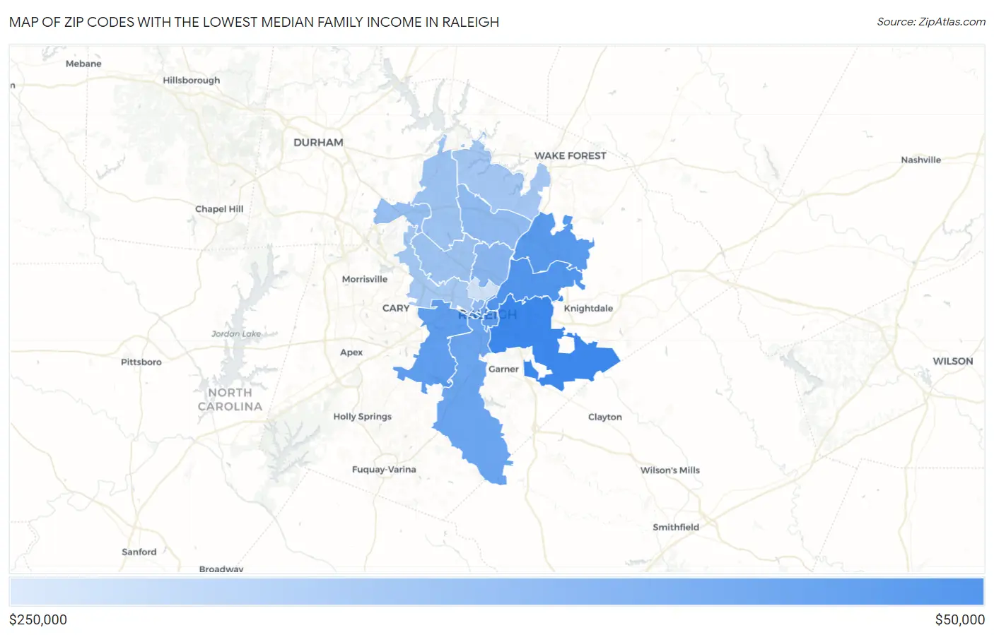 Zip Codes with the Lowest Median Family Income in Raleigh Map
