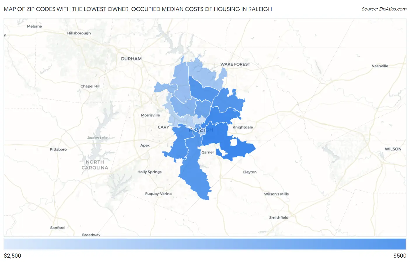 Zip Codes with the Lowest Owner-Occupied Median Costs of Housing in Raleigh Map