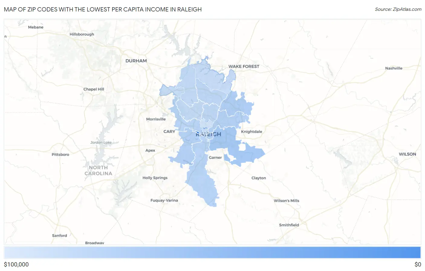 Zip Codes with the Lowest Per Capita Income in Raleigh Map
