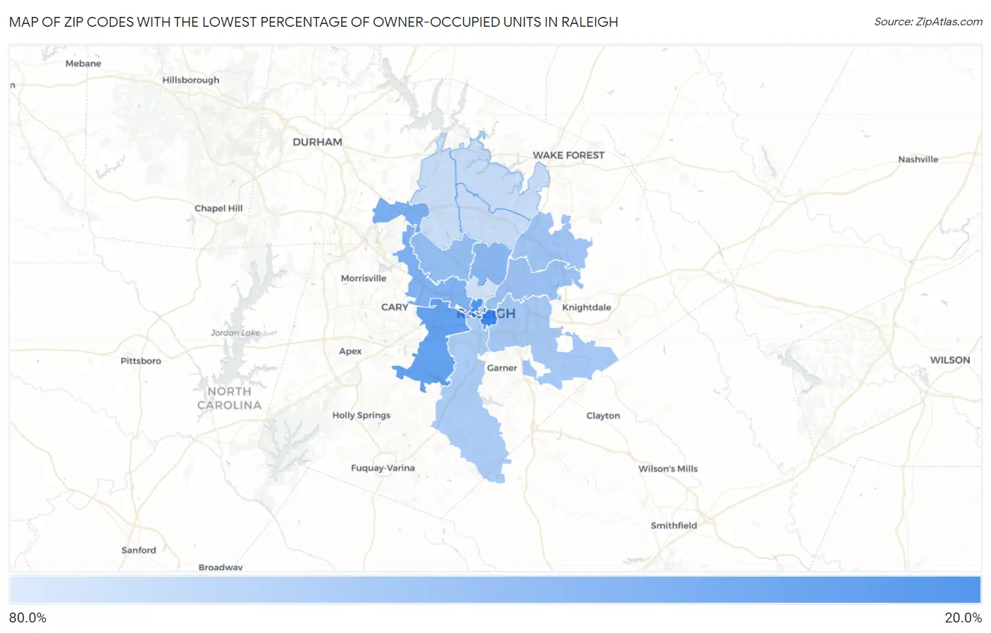 Zip Codes with the Lowest Percentage of Owner-Occupied Units in Raleigh Map