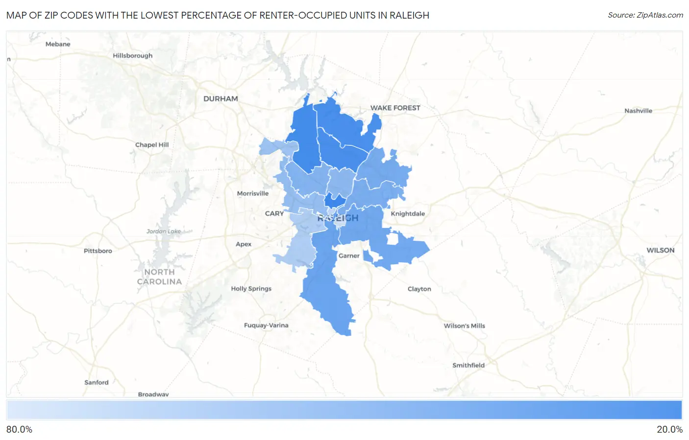 Zip Codes with the Lowest Percentage of Renter-Occupied Units in Raleigh Map
